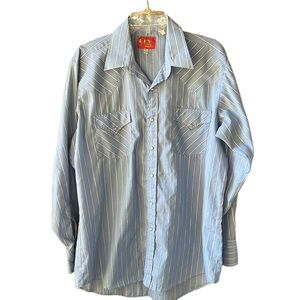 Ely Plains Vintage Pearl Snap Western Shirt. Light Blue Striped SzL 16 1/2 34-35